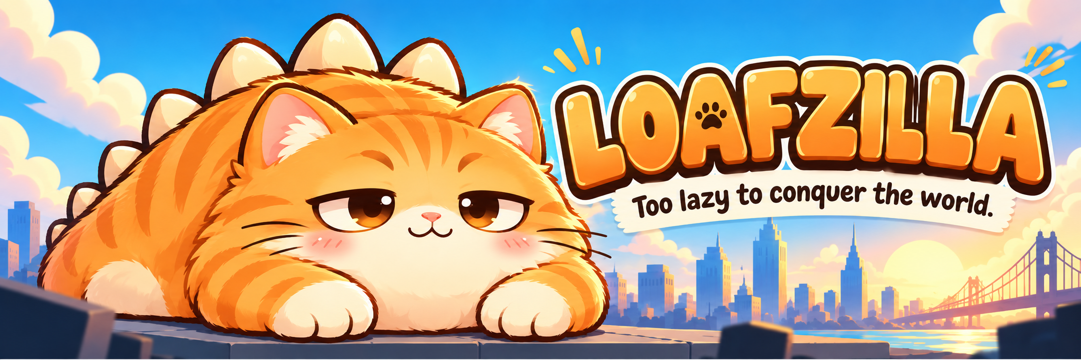 Loafzilla, the orange monster cat, lounging in front of a sunny skyline